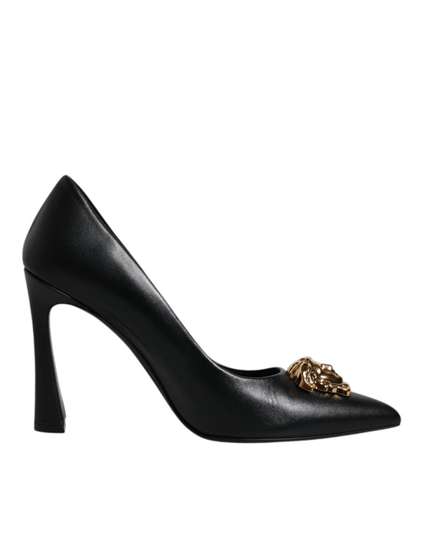 Schwarz Leder Logo Plaque High Heels Pumps Schuhe