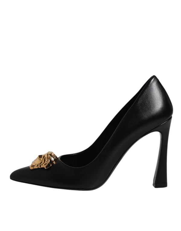 Schwarz Leder Logo Plaque High Heels Pumps Schuhe