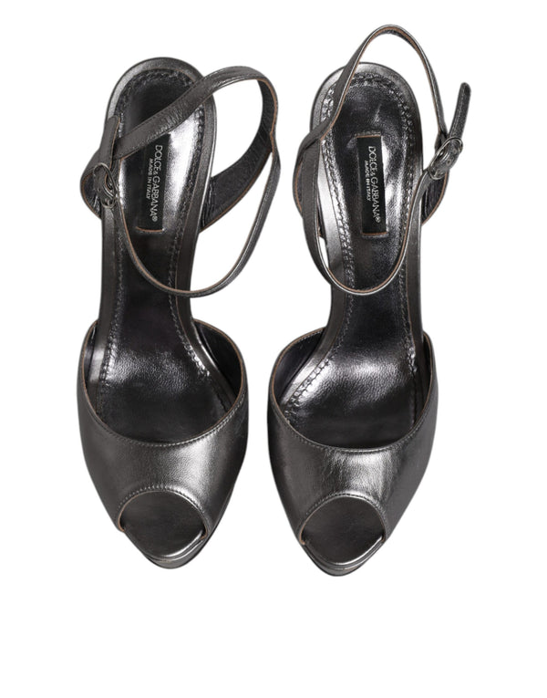 Silberne Leder Plateau Absätze Sandalen Schuhe