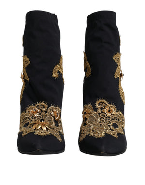 Schwarz Gold Stickerei Slip On Stiefel Schuhe
