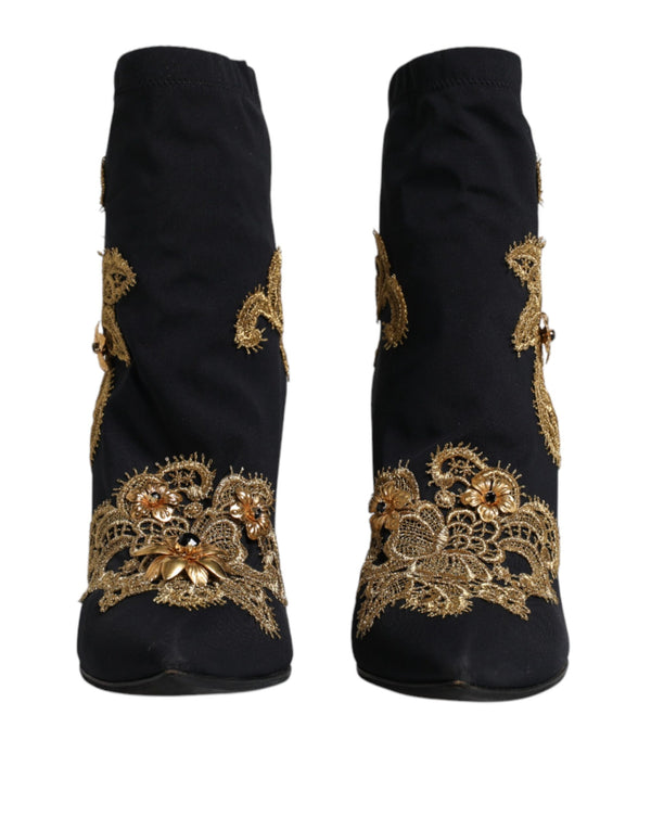 Schwarz Gold Stickerei Slip On Stiefel Schuhe
