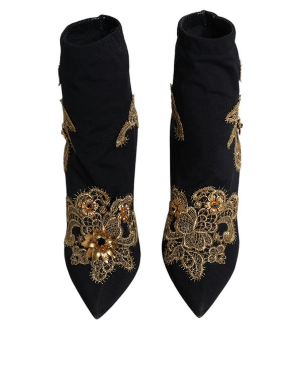 Schwarz Gold Stickerei Slip On Stiefel Schuhe