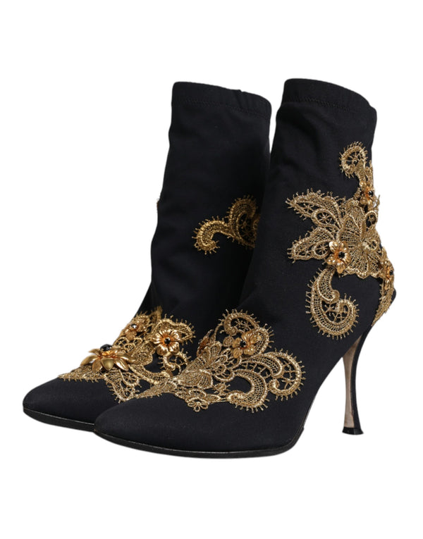 Schwarz Gold Stickerei Slip On Stiefel Schuhe