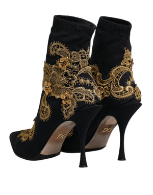 Schwarz Gold Stickerei Slip On Stiefel Schuhe