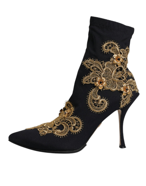 Schwarz Gold Stickerei Slip On Stiefel Schuhe