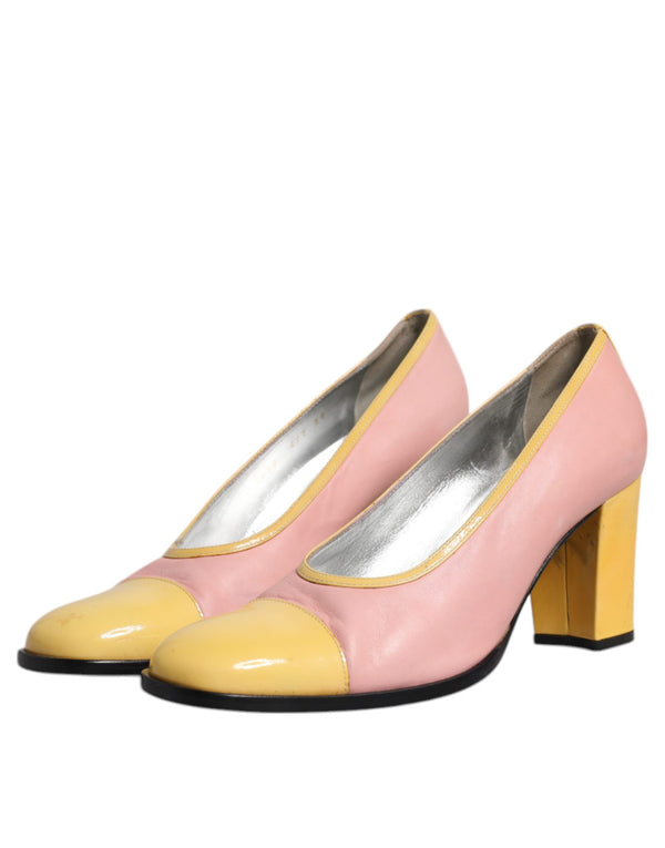 Rosa Gelb Leder Blockabsatz Pumps Schuhe