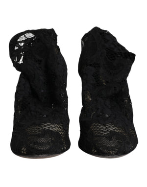 Schwarze Spitze Stretch Heels Mittlere Wadenstiefel Schuhe