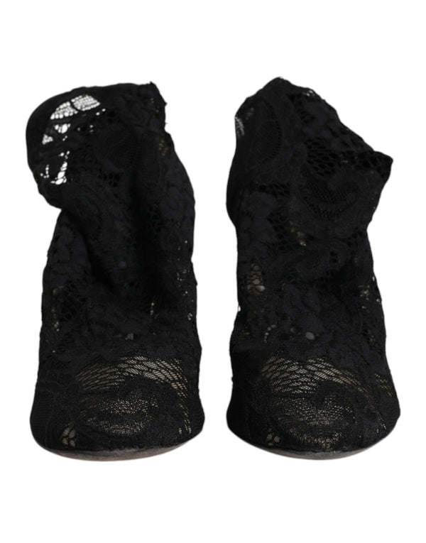 Schwarze Spitze Stretch Heels Mittlere Wadenstiefel Schuhe