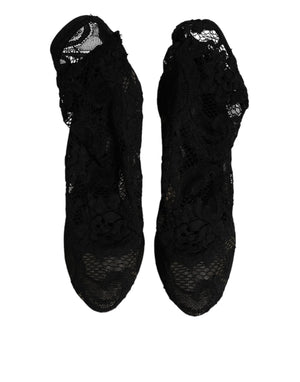 Schwarze Spitze Stretch Heels Mittlere Wadenstiefel Schuhe