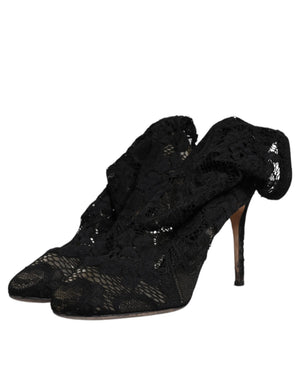 Schwarze Spitze Stretch Heels Mittlere Wadenstiefel Schuhe