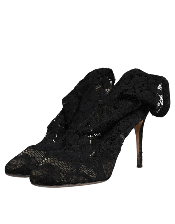 Schwarze Spitze Stretch Heels Mittlere Wadenstiefel Schuhe