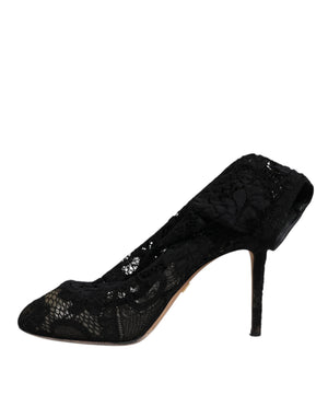 Schwarze Spitze Stretch Heels Mittlere Wadenstiefel Schuhe
