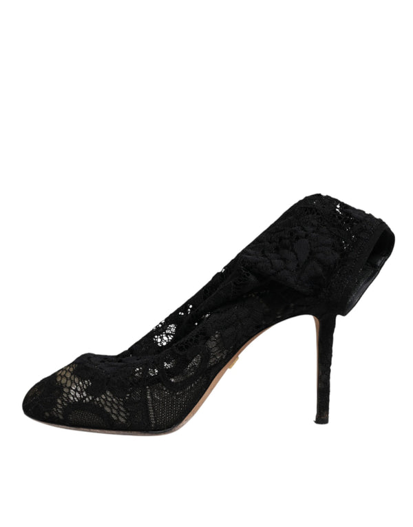 Schwarze Spitze Stretch Heels Mittlere Wadenstiefel Schuhe