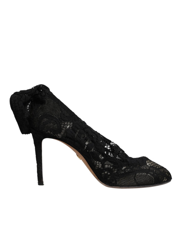Schwarze Spitze Stretch Heels Mittlere Wadenstiefel Schuhe