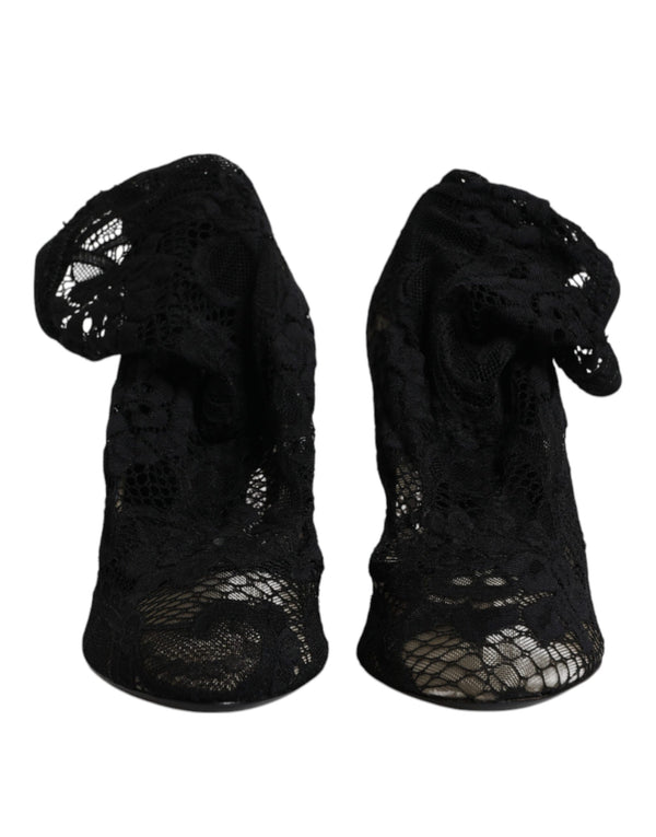 Schwarze Spitze Stretch Heels Mittlere Wadenstiefel Schuhe