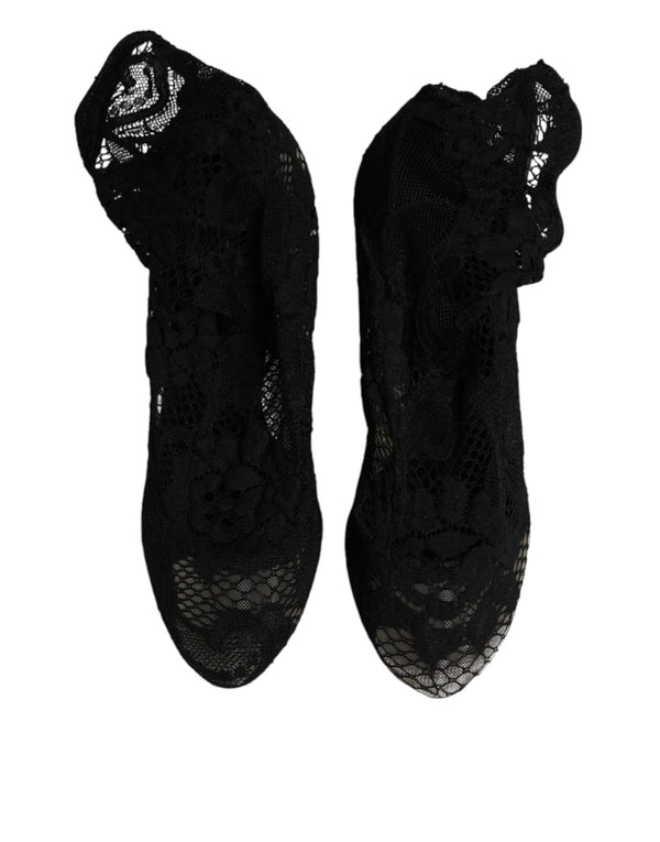 Schwarze Spitze Stretch Heels Mittlere Wadenstiefel Schuhe