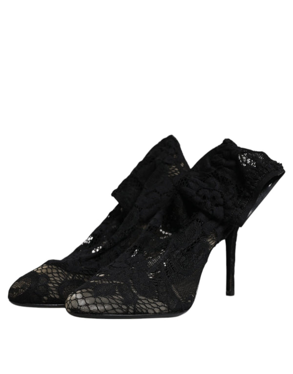 Schwarze Spitze Stretch Heels Mittlere Wadenstiefel Schuhe