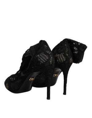 Schwarze Spitze Stretch Heels Mittlere Wadenstiefel Schuhe