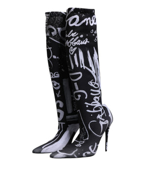 Schwarz Logo Stretch Heels Hohe Stiefel Schuhe