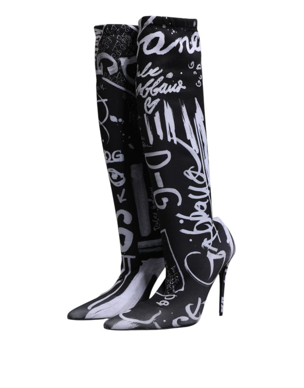 Schwarz Logo Stretch Heels Hohe Stiefel Schuhe