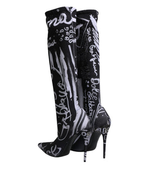Schwarz Logo Stretch Heels Hohe Stiefel Schuhe