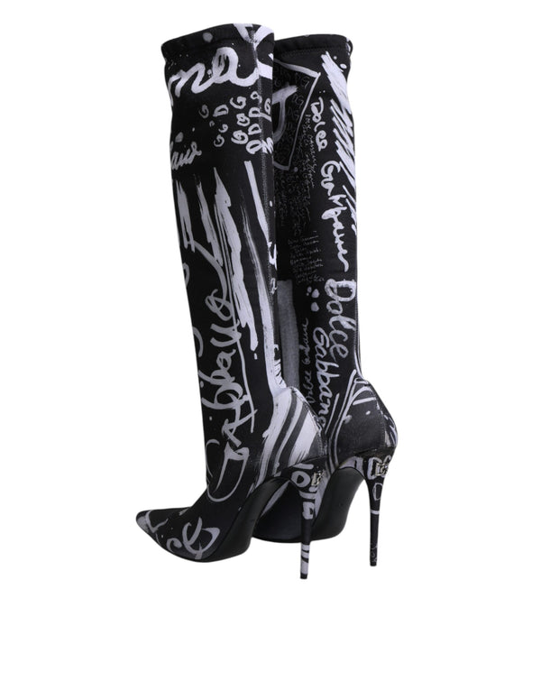 Schwarz Logo Stretch Heels Hohe Stiefel Schuhe