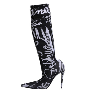 Schwarz Logo Stretch Heels Hohe Stiefel Schuhe