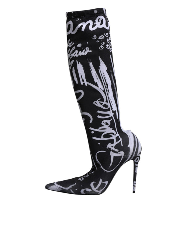 Schwarz Logo Stretch Heels Hohe Stiefel Schuhe