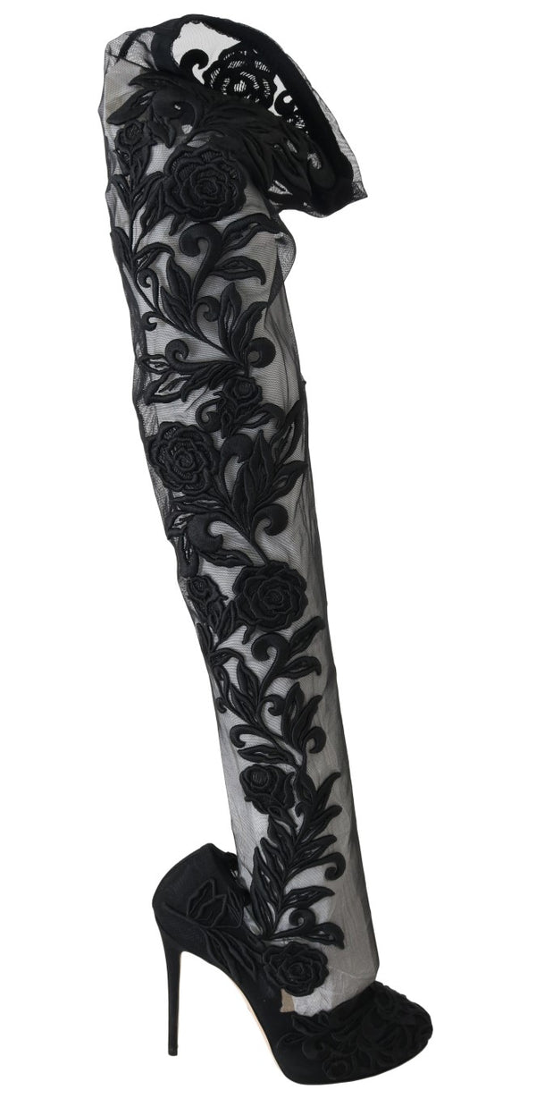 Schwarze floral bestickte Socken Stiefel