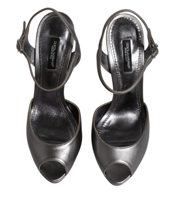 Silberne Leder Plateau Absätze Sandalen Schuhe