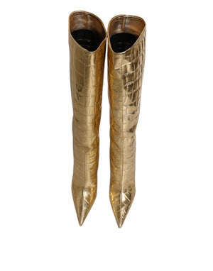 Gold Leder Stiletto Heels Hohe Stiefel Schuhe