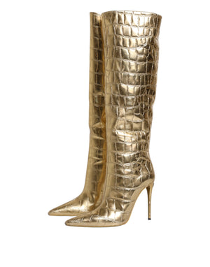Gold Leder Stiletto Heels Hohe Stiefel Schuhe