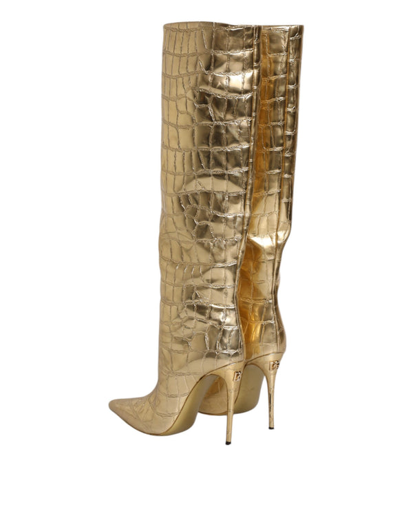 Gold Leder Stiletto Heels Hohe Stiefel Schuhe