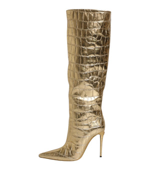 Gold Leder Stiletto Heels Hohe Stiefel Schuhe