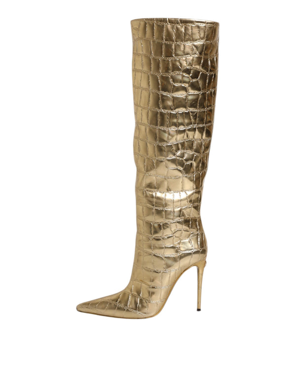 Gold Leder Stiletto Heels Hohe Stiefel Schuhe