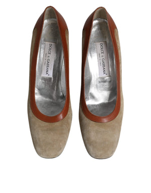 Beige Braun Leder Blockabsatz Pumps Schuhe