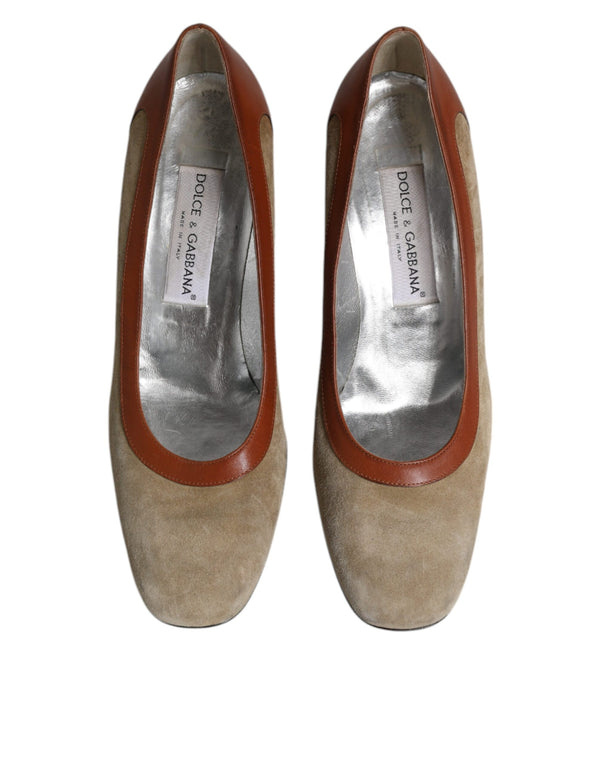 Beige Braun Leder Blockabsatz Pumps Schuhe