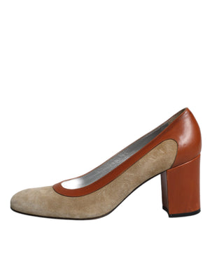 Beige Braun Leder Blockabsatz Pumps Schuhe