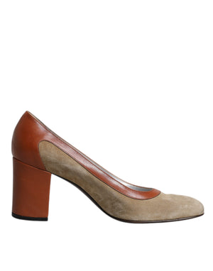 Beige Braun Leder Blockabsatz Pumps Schuhe