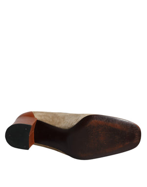 Beige Braun Leder Blockabsatz Pumps Schuhe