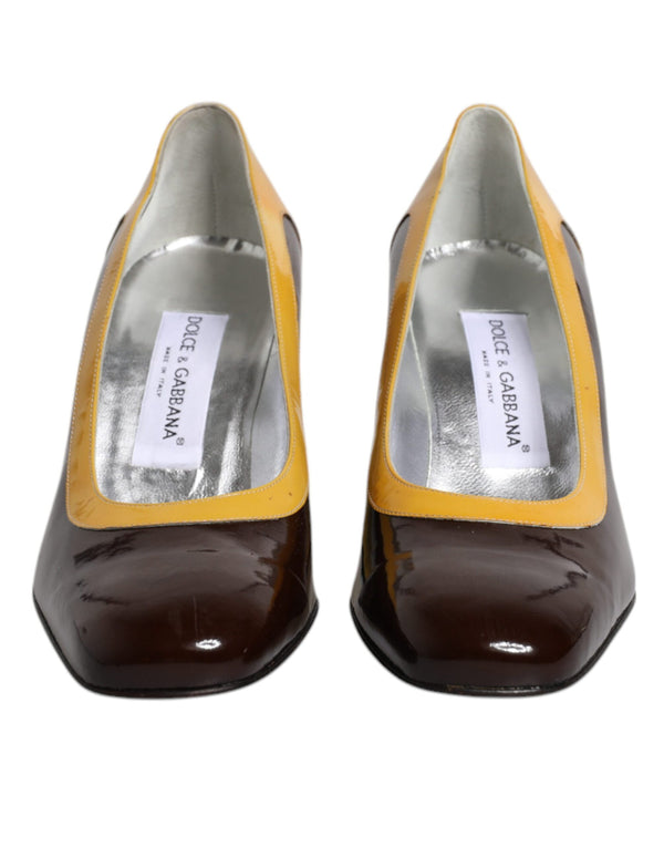 Gelb Braun Leder Blockabsatz Pumps Schuhe