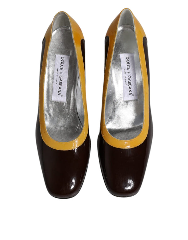 Gelb Braun Leder Blockabsatz Pumps Schuhe