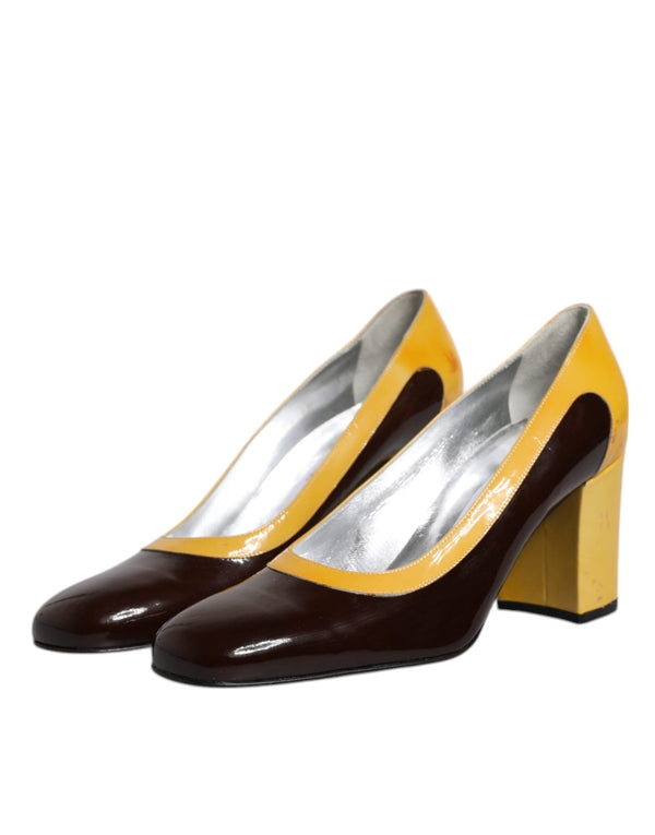 Gelb Braun Leder Blockabsatz Pumps Schuhe