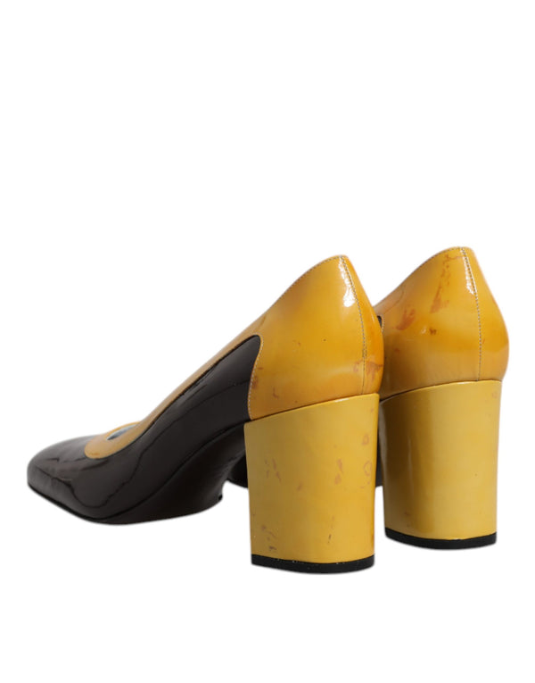 Gelb Braun Leder Blockabsatz Pumps Schuhe