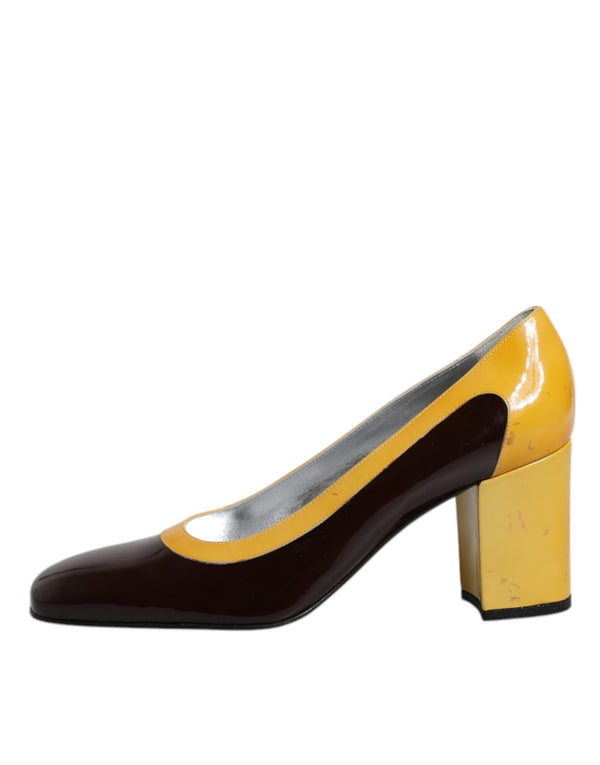 Gelb Braun Leder Blockabsatz Pumps Schuhe