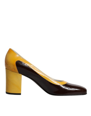 Gelb Braun Leder Blockabsatz Pumps Schuhe