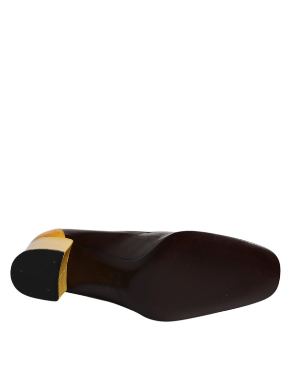 Gelb Braun Leder Blockabsatz Pumps Schuhe
