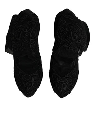 Schwarze Tüll Stretch Heels Mittlere Wadenstiefel Schuhe