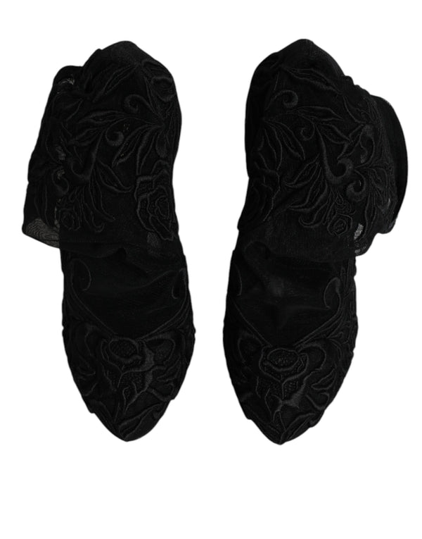 Schwarze Tüll Stretch Heels Mittlere Wadenstiefel Schuhe