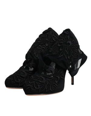 Schwarze Tüll Stretch Heels Mittlere Wadenstiefel Schuhe